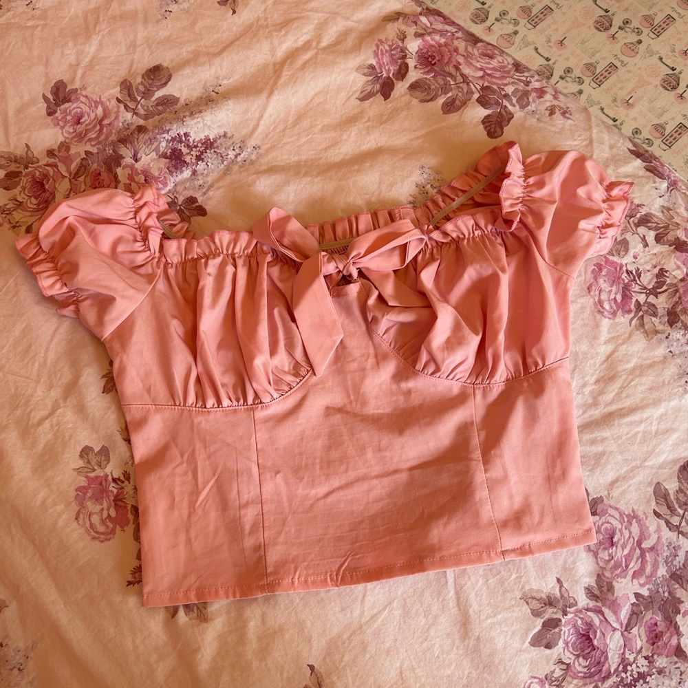 NEW Light Pink Crop cropped top milkmaid puffy sleeves coquette Shein Small bow